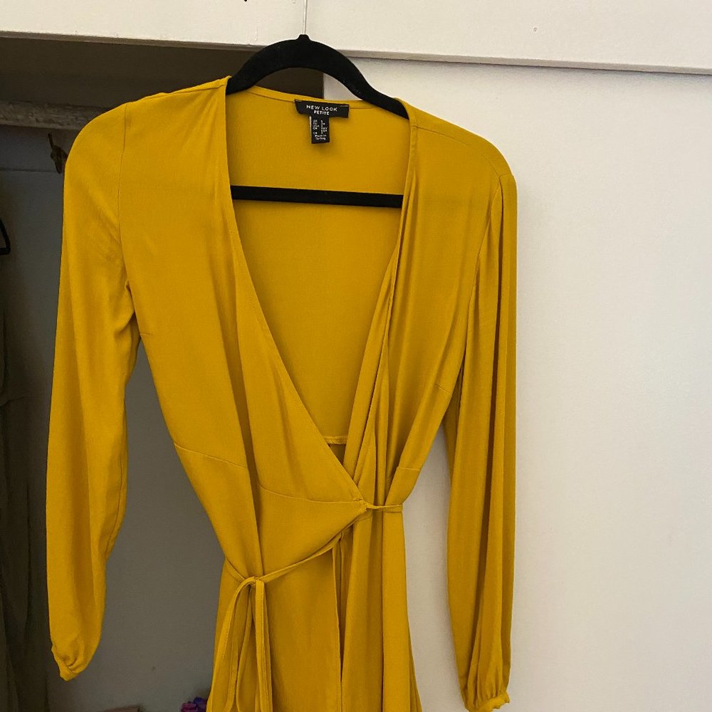 Petite Mustard Wrap Mini Dress